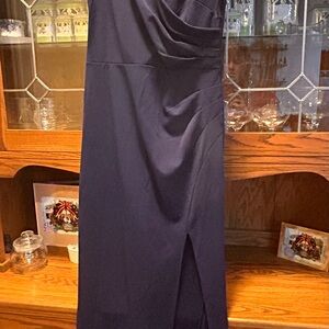 Deep Navy Blue Ruched Maxi Dress with Slit
